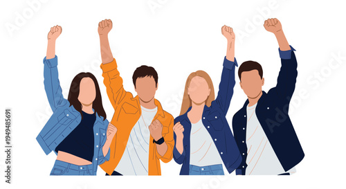 Group of diverse young adults in casual denim clothing celebrate together with their fists raised in a triumphant and energetic pose.