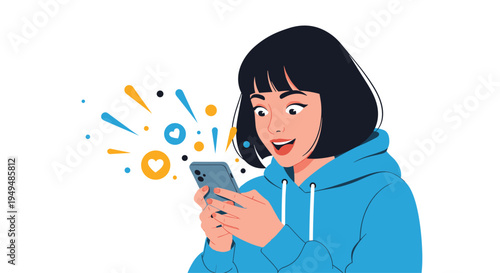 Cheerful diverse friends celebrate with raised hands and wide smiles against a solid light blue background in a flat illustration.