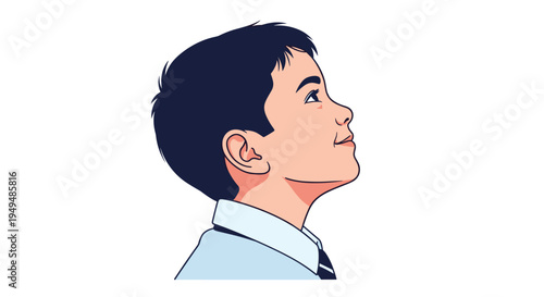 Close up profile view of a young boy character looking upwards with a curious and hopeful expression on his face.