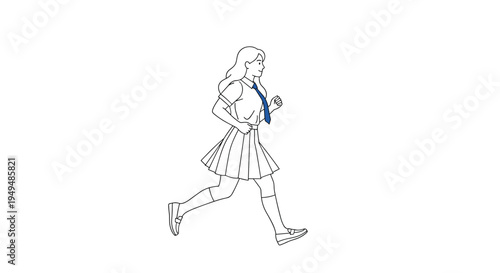 Simple line art drawing of a school girl in a uniform and tie running forward, showing great motion and determination in her pose.