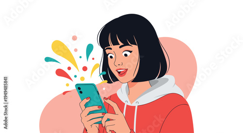 Excited young woman gazes at her mobile phone screen as colorful shapes burst out representing digital content and notifications.