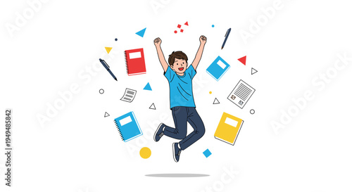 Joyful young woman in a red sweater and jeans celebrates her success with both fists raised high against a white background.