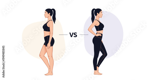 Fitness comparison of woman standing in sportswear shows transformation from shorts to leggings against abstract backgrounds.
