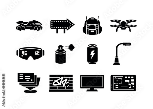 Cyberpunk rooftop chase: hover bike, neon sign, cyber backpack, drone, VR headset display, spray can, energy drink can, street lamp, holographic menu, graffiti wall panel, LED