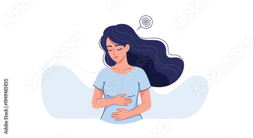 Tired woman feels pain or discomfort in her abdomen while standing against a soft blue abstract background in this health illustration.
