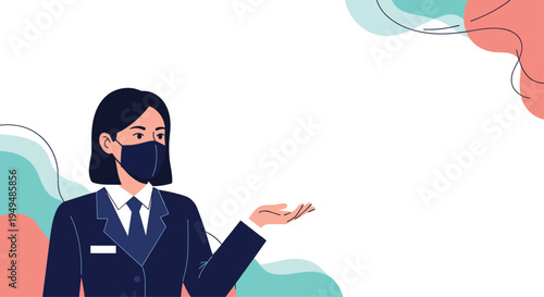 Professional female airport staff member wearing a face mask gestures with an open hand toward copy space in this service illustration.