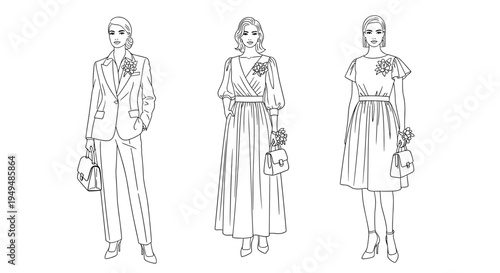 Fashion illustration shows three different clothing styles for women including a suit, a long puff-sleeve dress, and a midi dress.