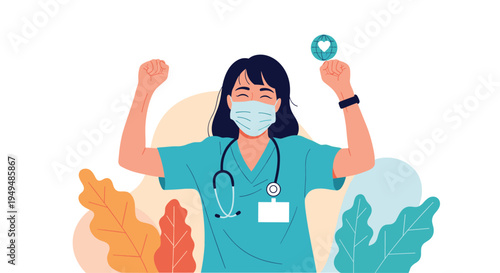 Enthusiastic healthcare professional wearing a mask and scrubs celebrates success by raising her fists in this medical illustration.