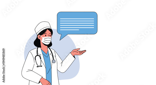 Professional female doctor wearing a surgical mask and white coat gestures towards a blue speech bubble for medical advice or news.