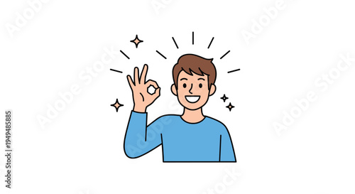Cheerful young man gives the okay hand gesture with a bright smile while sparkling stars surround him in this positive illustration.