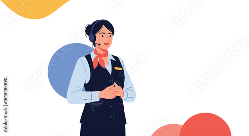 Friendly female customer support representative wearing a headset and uniform stands ready to assist clients in a call center role.