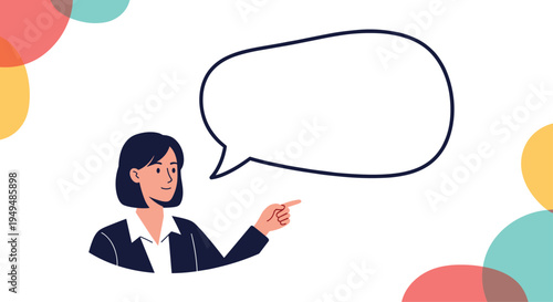 Elegant woman in a professional business suit points her finger toward a large empty speech bubble for text or announcements.