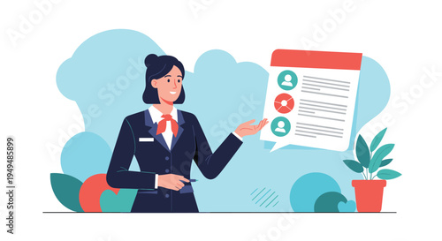 Professional airline employee in a dark suit presents a digital document featuring profile icons and information on a screen.