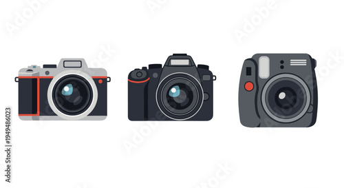 Set of three different digital camera models including dslr and mirrorless types displayed for photography equipment options.