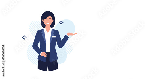 Successful business woman in professional attire gestures with an open hand to welcome clients or present corporate ideas.