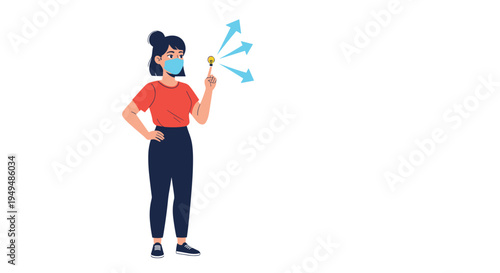 Young woman wearing a protective face mask points to a lightbulb icon representing creative ideas and innovative solutions.