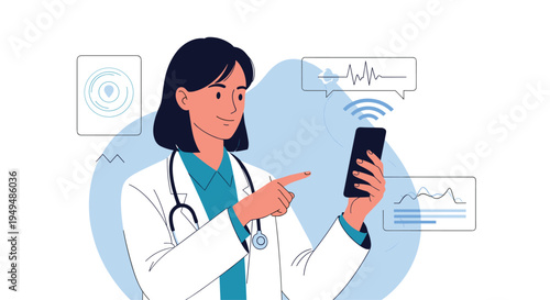 Professional female physician using a smartphone to monitor patient vital signs and health data through a mobile app.