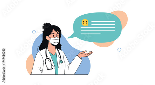 Medical professional in a white coat and mask gestures towards a speech bubble containing a happy face icon and text lines.