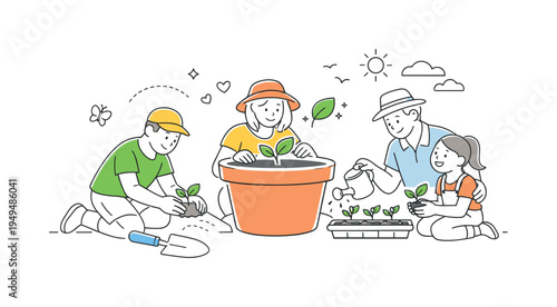 A home gardening lifestyle scene where people plant seedlings and care for plants during a relaxing outdoor activity, illustrated through a visual metaphor of a flower pot, garden