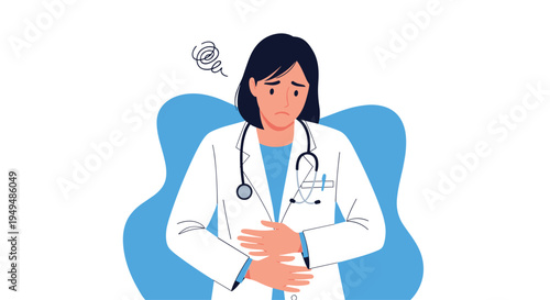 Concerned female doctor in a white lab coat experiencing abdominal pain or stomach ache while working at a medical clinic.
