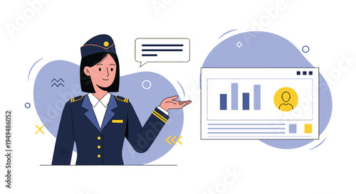 Female officer in uniform presenting a digital dashboard with analytics and bar charts for data monitoring and management.
