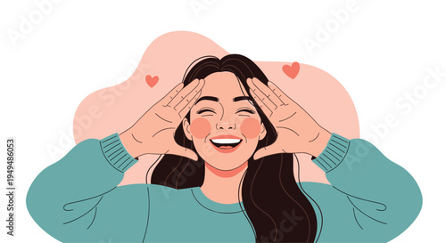Joyful young woman expressing happiness with a broad smile and hands near her face against a soft abstract background.