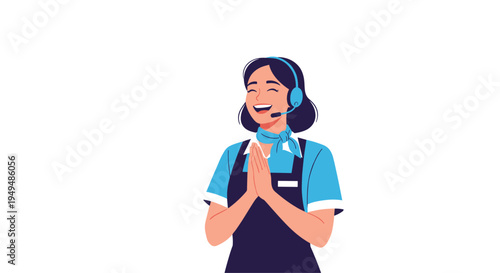 Friendly female customer service representative wearing a headset makes a welcoming gesture to provide expert assistance.