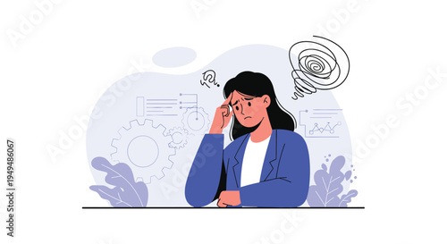 Stressed businesswoman looking confused while managing complex tasks represented by mechanical gears and scribble icons.