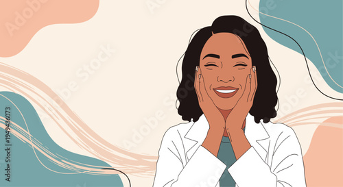 Professional female dermatologist in a white coat smiling while touching her face to promote skincare and beauty products.