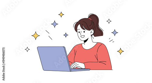 Happy young woman working on her laptop feels satisfied and productive with sparkling stars representing online success.
