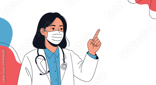 Female healthcare professional wearing a surgical mask points upwards to give important medical instructions or advice.