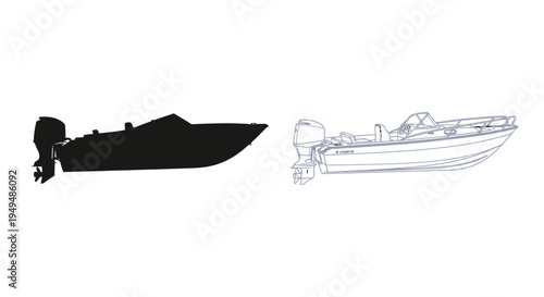 Outline and silhouette of a small motorboat with an outboard engine