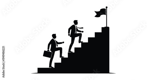 Businessmen climbing stairs towards a flag symbolizing success and achievement