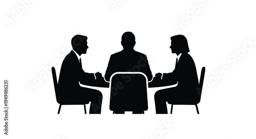 Three people seated around a table in a silhouette illustration