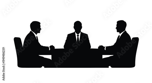 A silhouette of three business professionals seated around a conference table