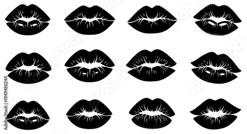 Collection of black lipstick kiss marks on a white background.