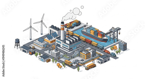 Industrial factory complex with wind turbines and shipping containers.