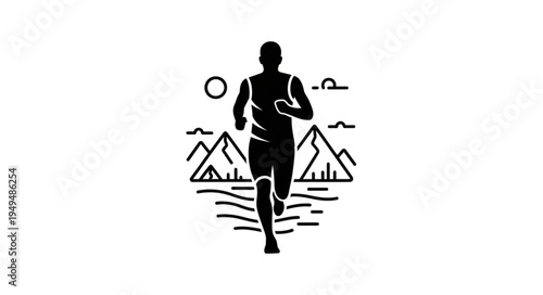 Silhouette of a runner in a mountain landscape during sunrise.