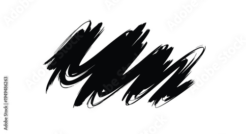 Abstract black brushstrokes create a dynamic sweeping pattern on a white background