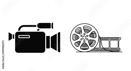 Black and white illustration of a film camera and movie reel