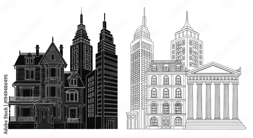 Fototapeta premium Architectural illustration depicting contrasting cityscapes and building styles