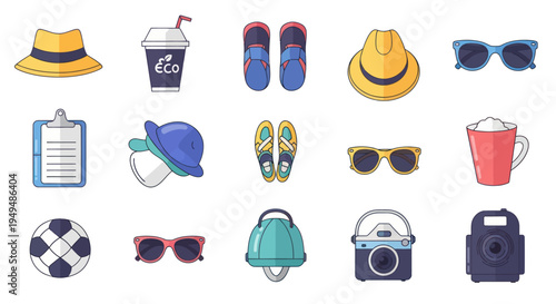 Collection of summer accessories and objects depicted with bright colors