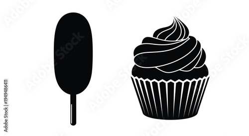 Black and white illustration of a popsicle and a decorated cupcake