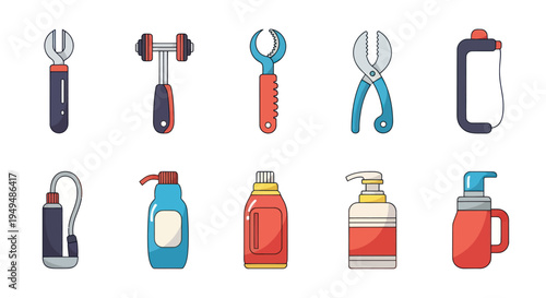 Collection of tools and bottles presented in a flat illustrative style