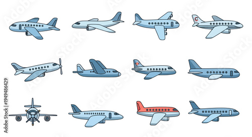 Collection of various airplane designs in vector style for travel and transport concepts