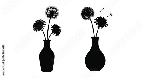 Silhouettes of dandelion seed heads in vases a minimalist botanical illustration