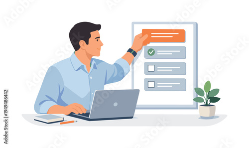 A professional calmly organizing priorities before beginning an important work session in a modern office environment, visual metaphor of a focused office worker moving one