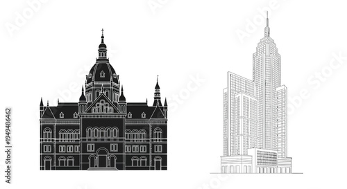 Detailed black and white illustrations of two distinct architectural structures