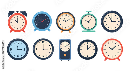 Collection of various clocks in different styles showing time illustration