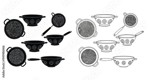 Black and white line art of various kitchen strainers and skimmers